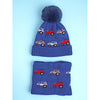 2Pcs Dark Navy Cars Themed Beanie Winter Cap With Matching Neck Cuff Style Muffler | 5-10 Years