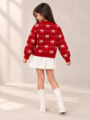Red White Bow Dotted Knitted Winter Cardigan, Christmas Sweater for Kids
