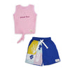 Pink Planet First Slogan Vest with Dark Blue Reef Printed Shorts Set